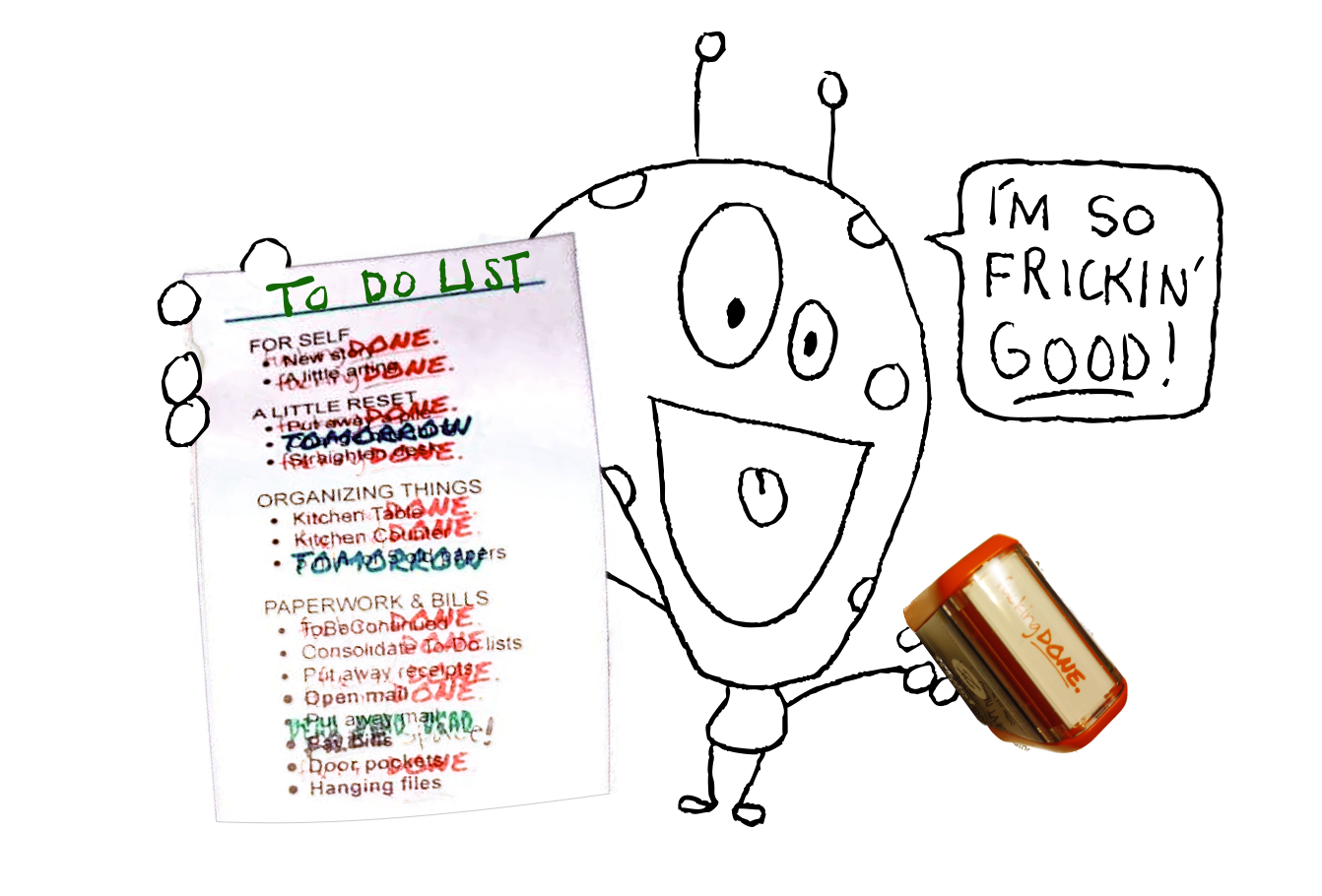 A cartoon monster shows off a completed to-do list full of rubber stamp impressions.