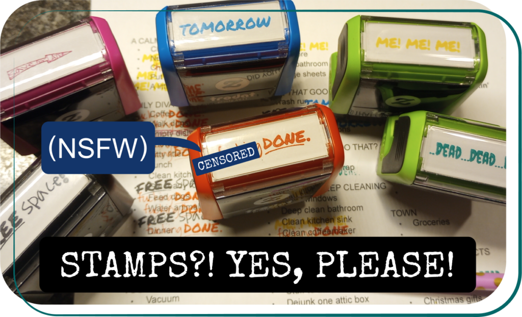 A collection of self-inking rubber stamps for finishing to-do lists.