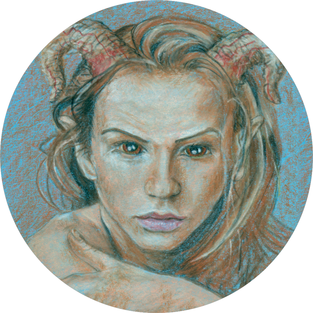 Close-up of a female demon looking fierce, sexy, and dreamy.